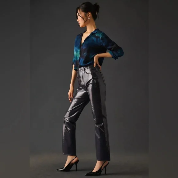 AGOLDE Recycled Leather 90's Pinch Waist Straight Leg Pants in Carbon (32) - Picture 3 of 14